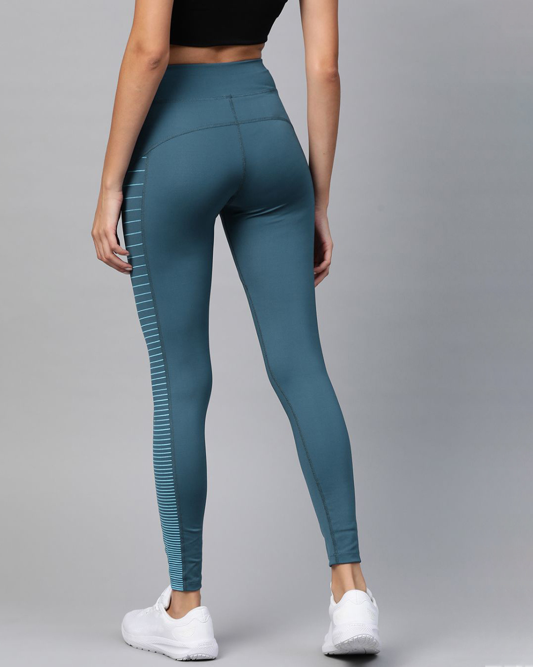 Shop Women Teal Blue Solid Tights With Striped Detail-Back