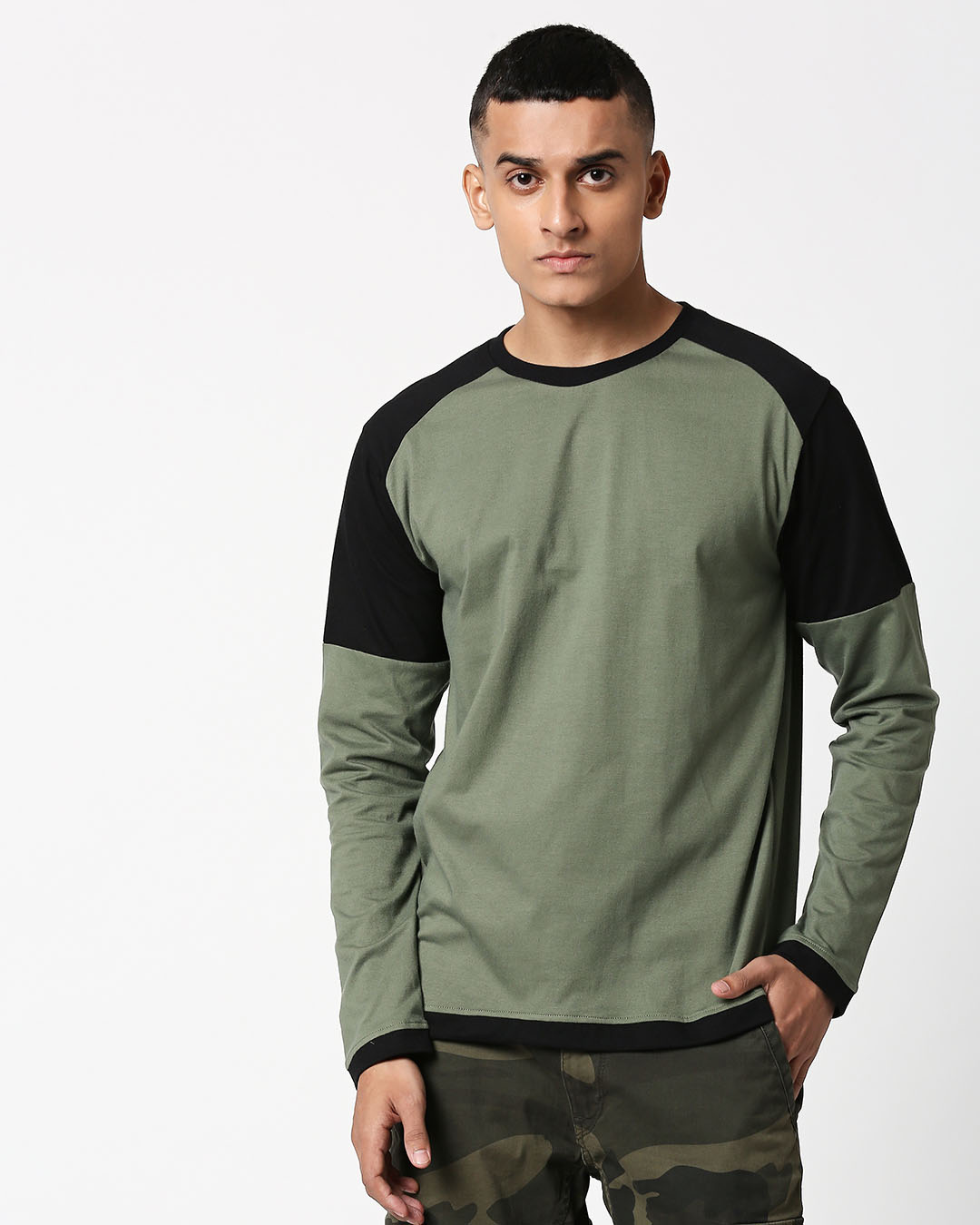 Shop Alpha Green Full Sleeve Color Block T-Shirt-Back