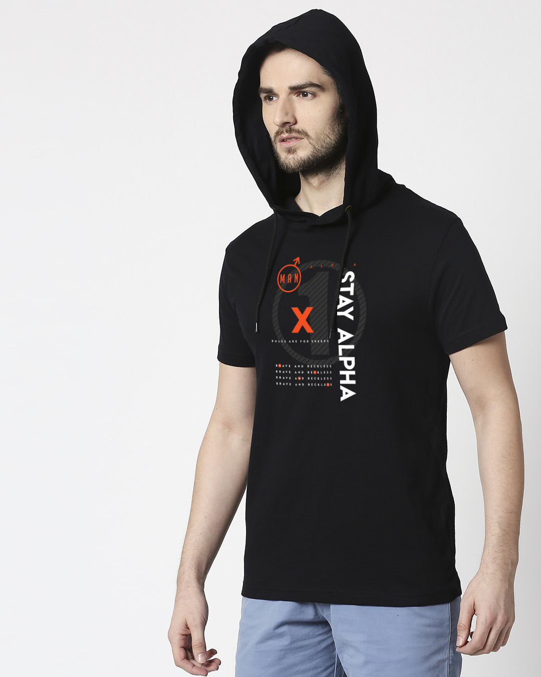 Shop Alpha Half Sleeve Hoodie T-Shirt Black-Back