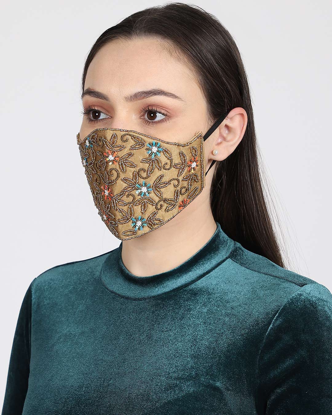 Shop 3 Ply Beige & Multi Faux Silk Embellished Fabric Fashion Mask-Back