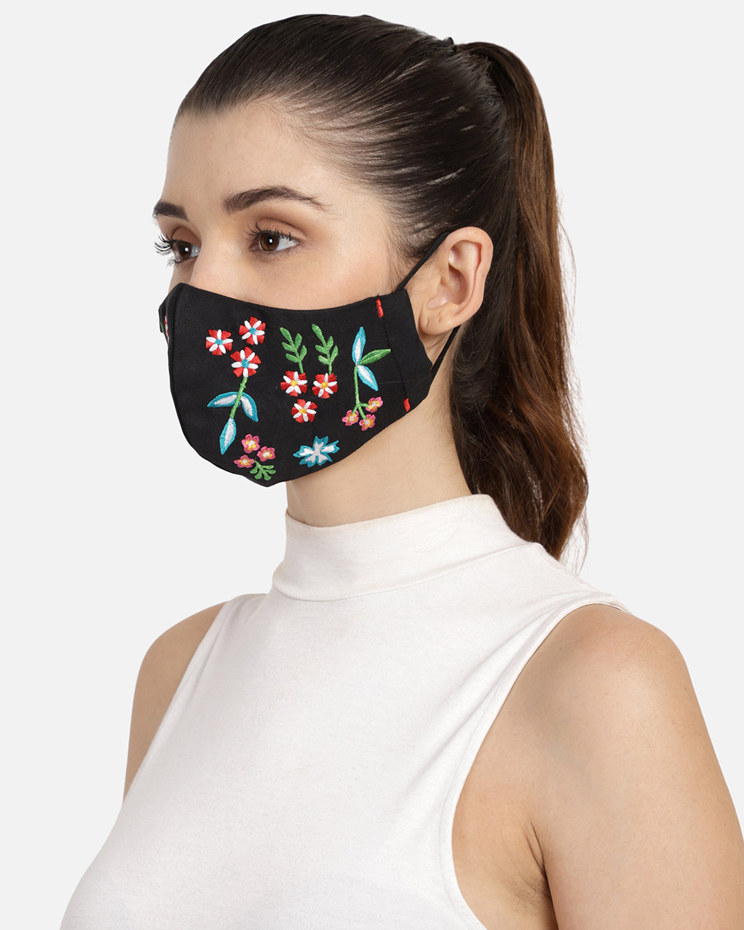 Shop 3 Ply Black & Multi Cotton Floral Embroidered Fabric Fashion Mask-Back