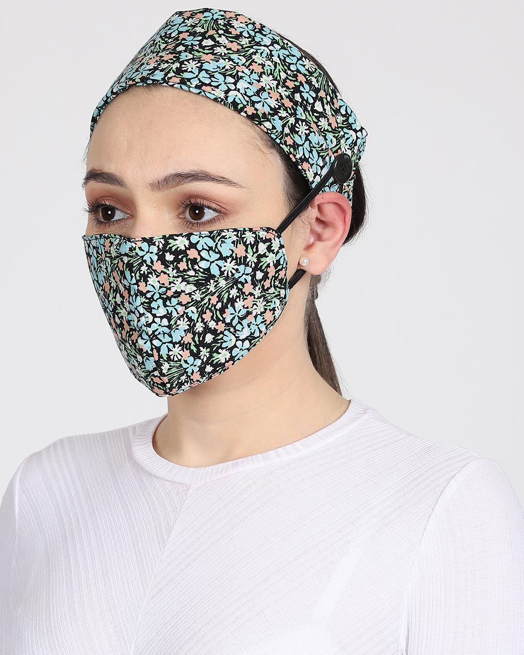 Shop 3 Ply Black & Multi Floral Printed Rayon Fabric Fashion Hairband & Mask-Back