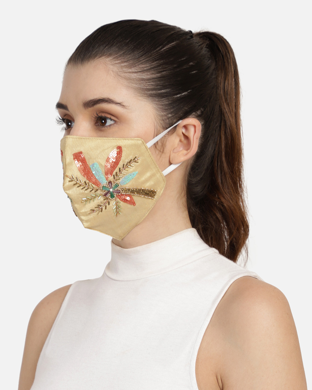 Shop 3 Ply Gold & Multi Faux Silk Embellished Fabric Fashion Mask-Back