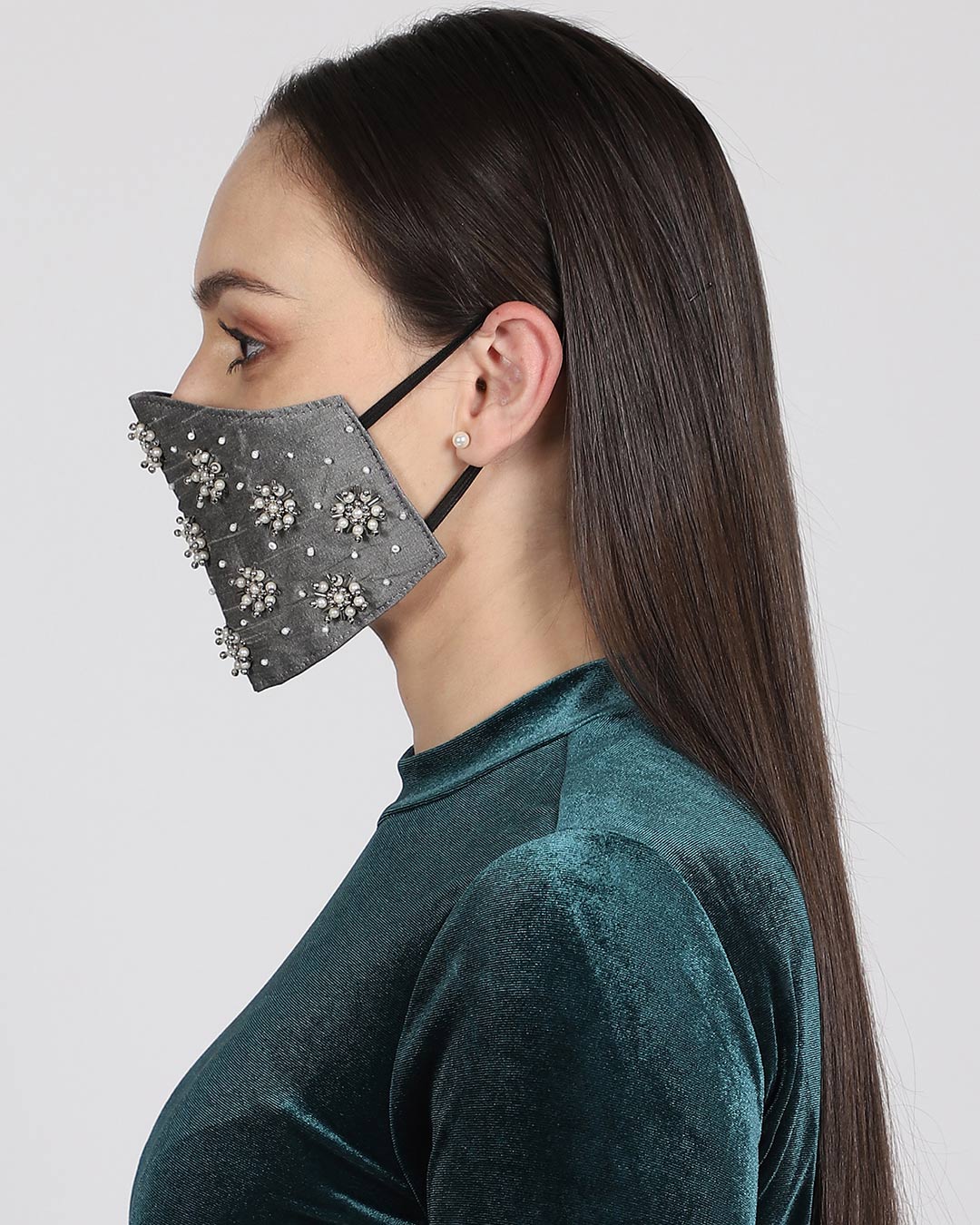 Shop 3 Ply Grey & White Faux Silk Embellished Fabric Fashion Mask-Back