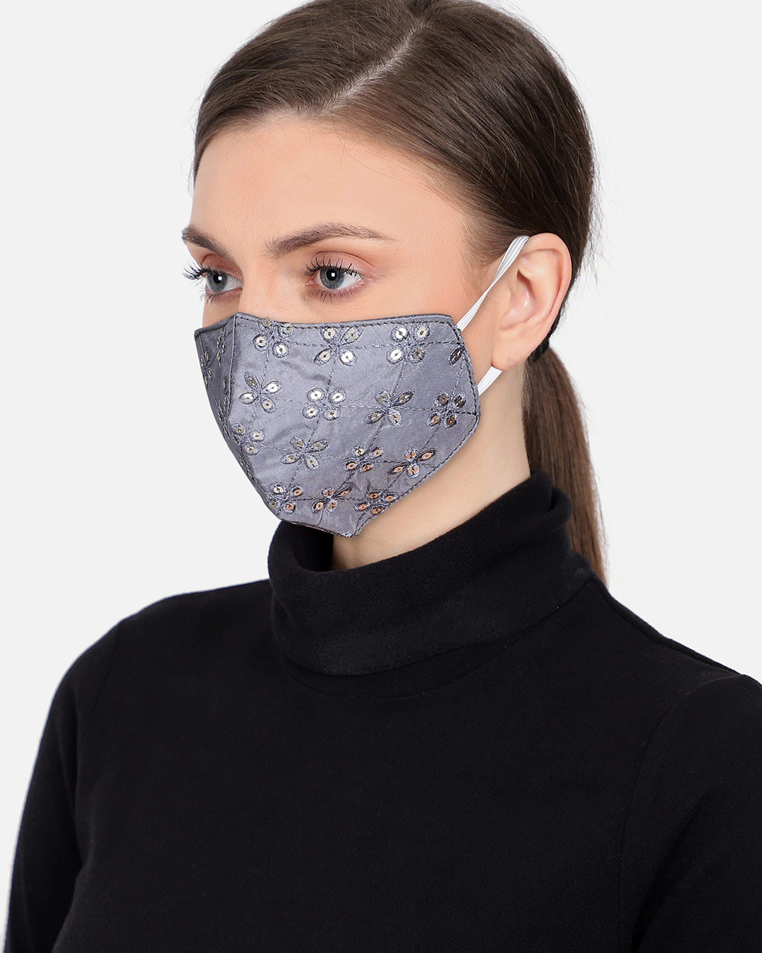 Shop 3 Ply Grey Art Silk Embellished Fabric Fashion Mask-Back