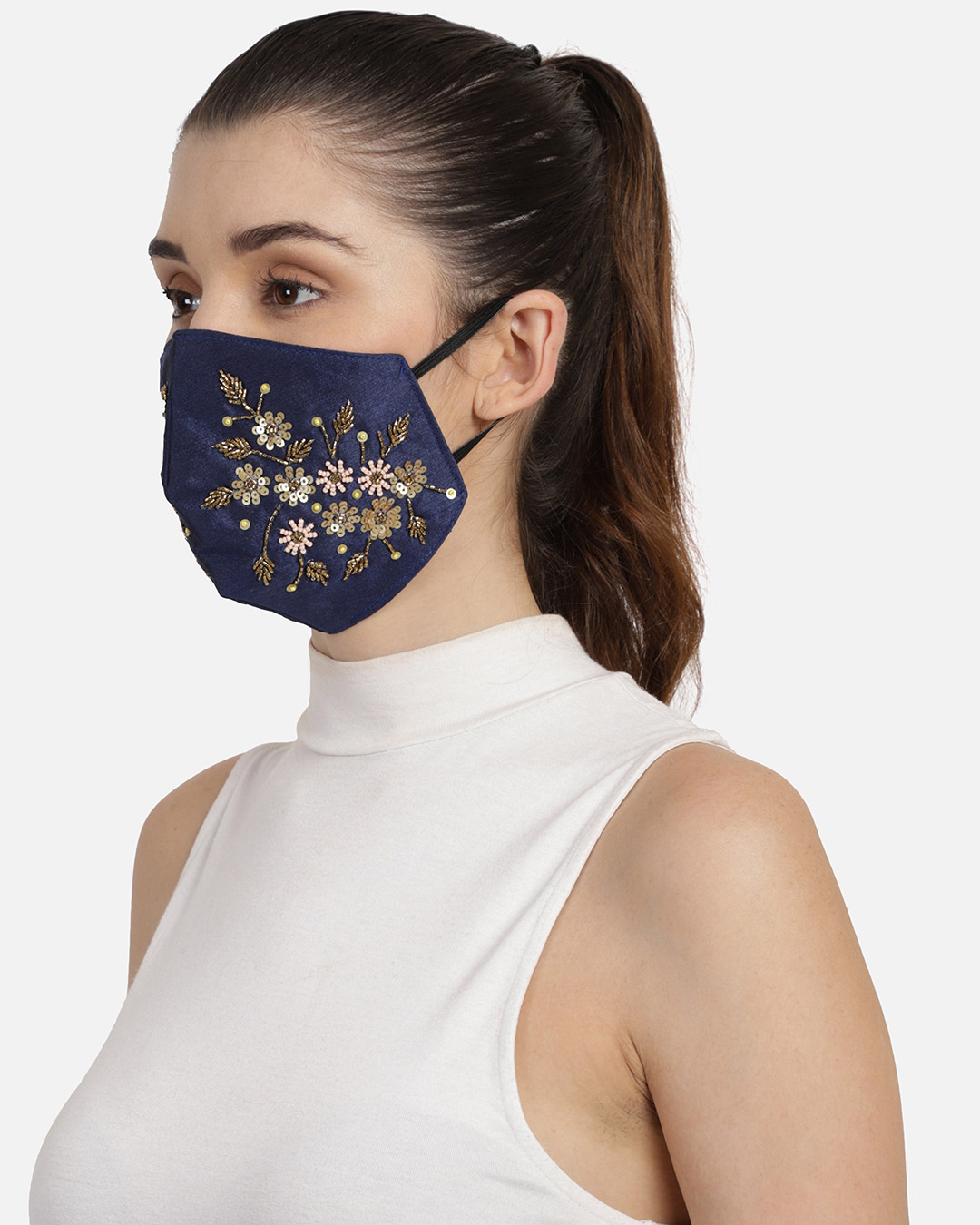Shop 3 Ply Navy Blue & Gold Faux Silk Embellished Fabric Fashion Mask-Back