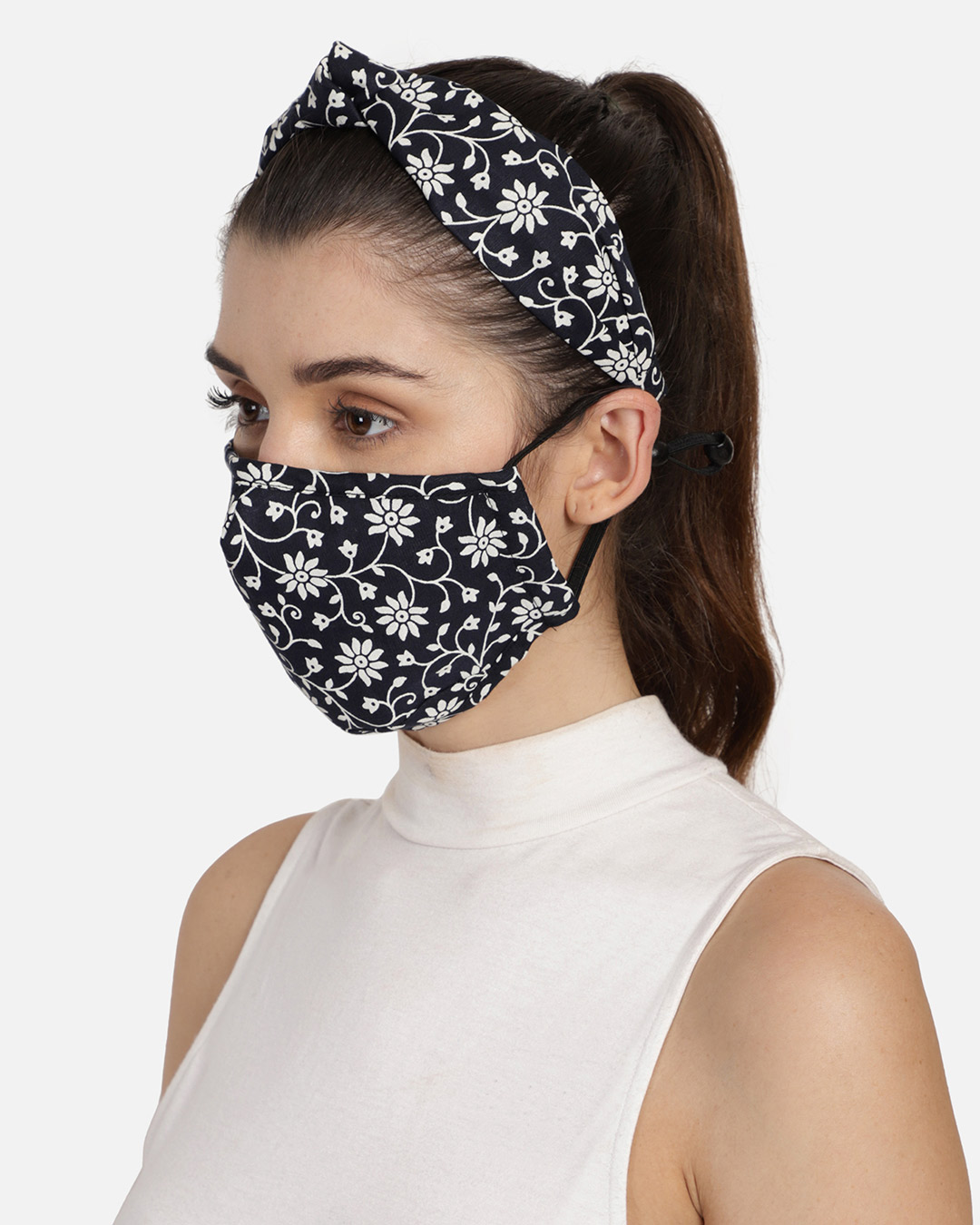 Shop 3 Ply Navy Blue & White Floral Printed Cotton Fabric Hairband, Mask & Scrunchie Combo-Back
