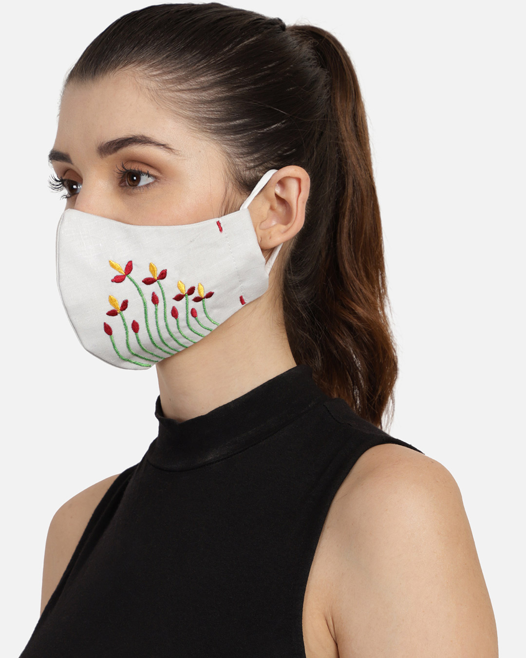 Shop 3 Ply Off White & Multi Cotton Embroidered Fabric Fashion Mask-Back