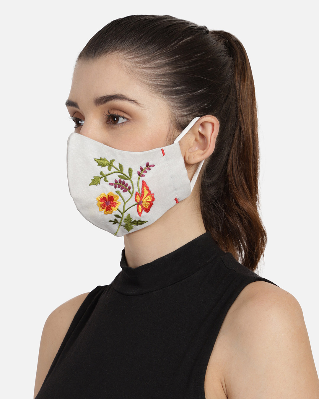 Shop 3 Ply Off White & Multi Cotton Floral Embroidered Fabric Fashion Mask-Back