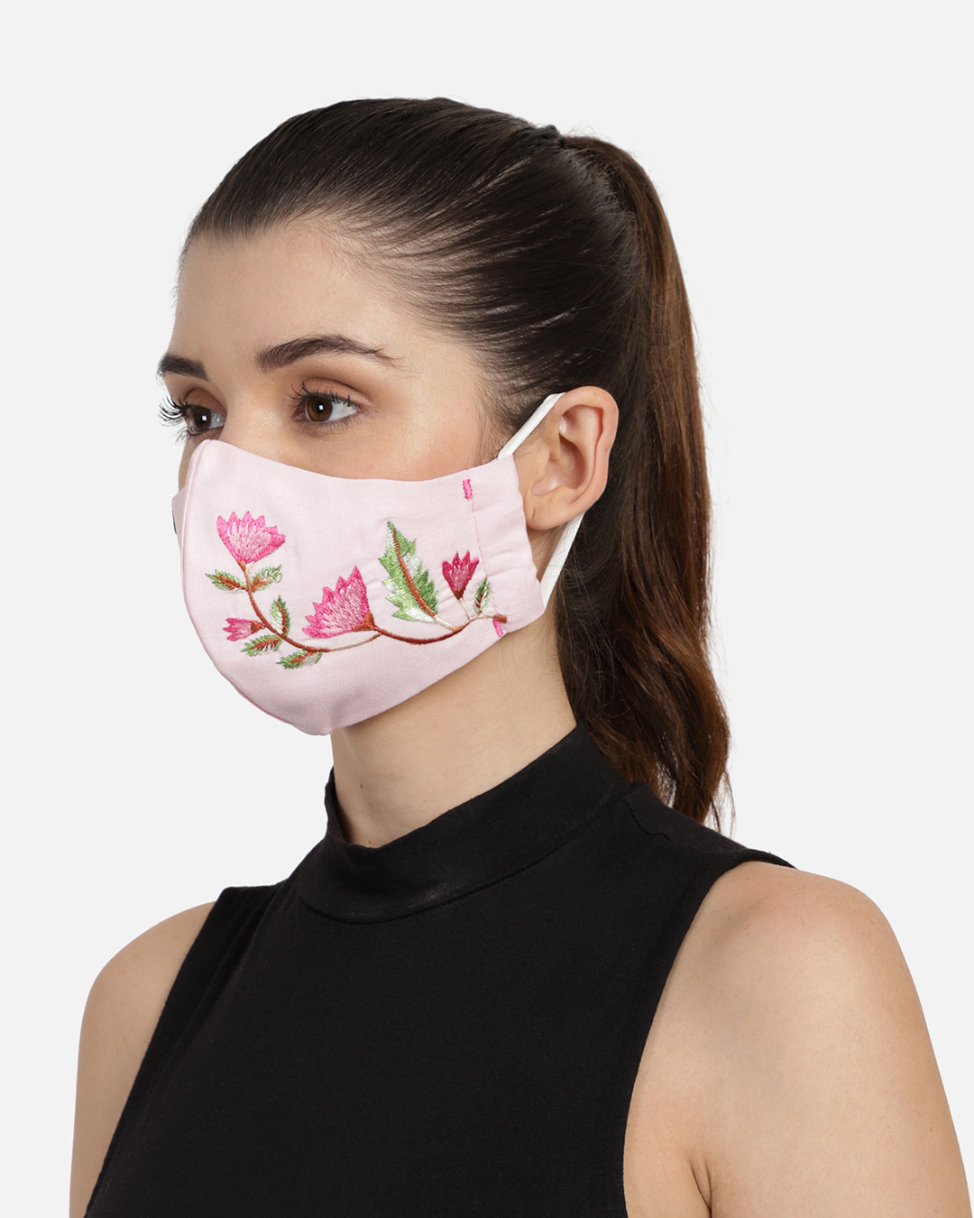 Shop 3 Ply Pastel Pink & Multi Cotton Floral Embroidered Fabric Fashion Mask-Back