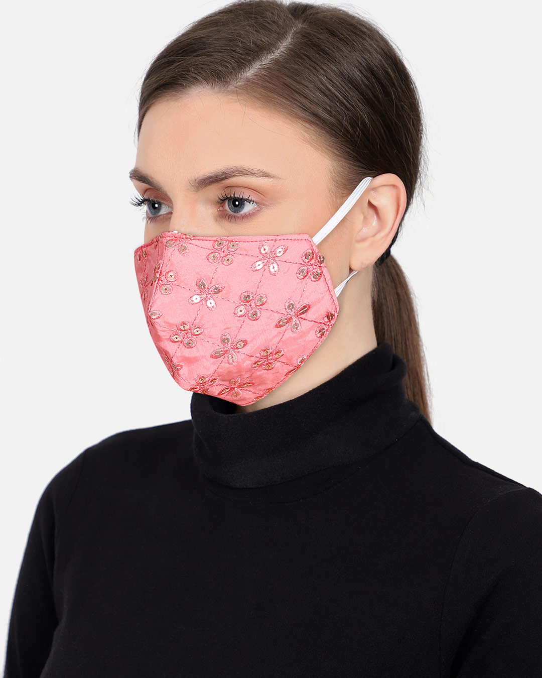 Shop 3 Ply Pink & Gold Art Silk Embellished Fabric Fashion Mask-Back