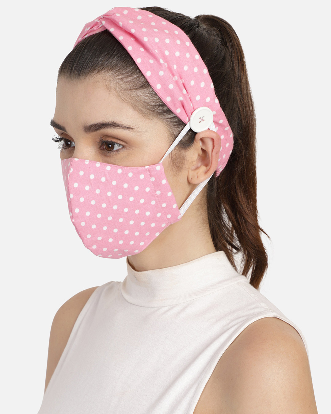 Shop 3 Ply Pink & White Polka Dot Printed Cotton Fabric Fashion Hairband & Mask-Back