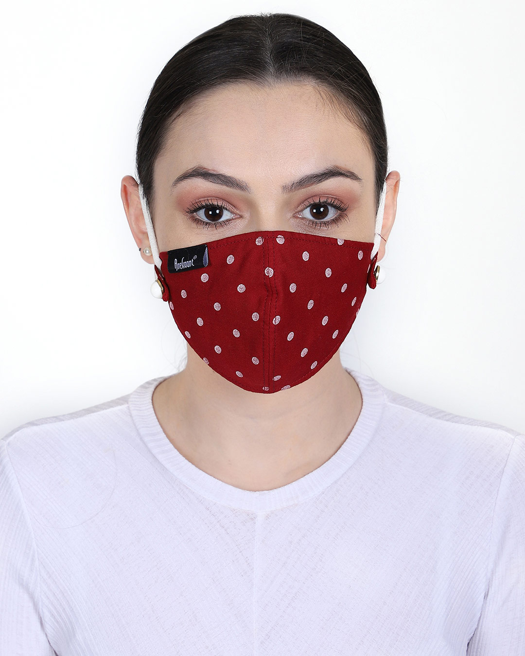 Shop Pack of 2, 3-Ply Red & White Polka Dot Printed Rayon Fabric Fashion Mask-Back