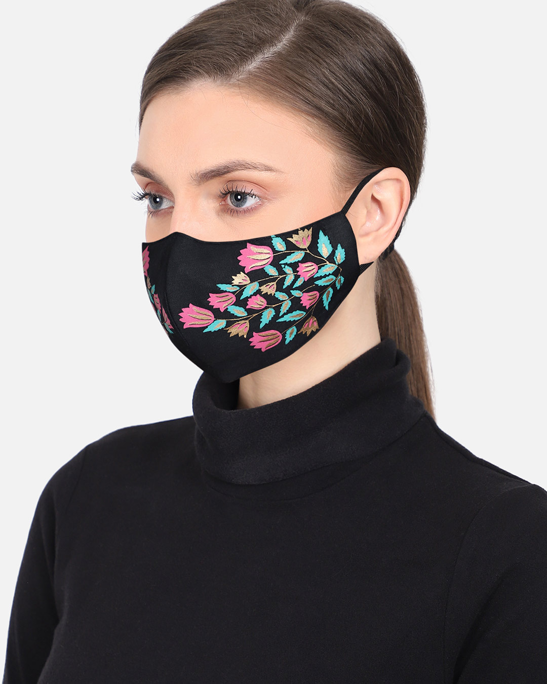 Shop 3 Ply Reusable Black & Multi Floral Leaf Block Painted Poly Cotton Fabric Fashion Mask-Back
