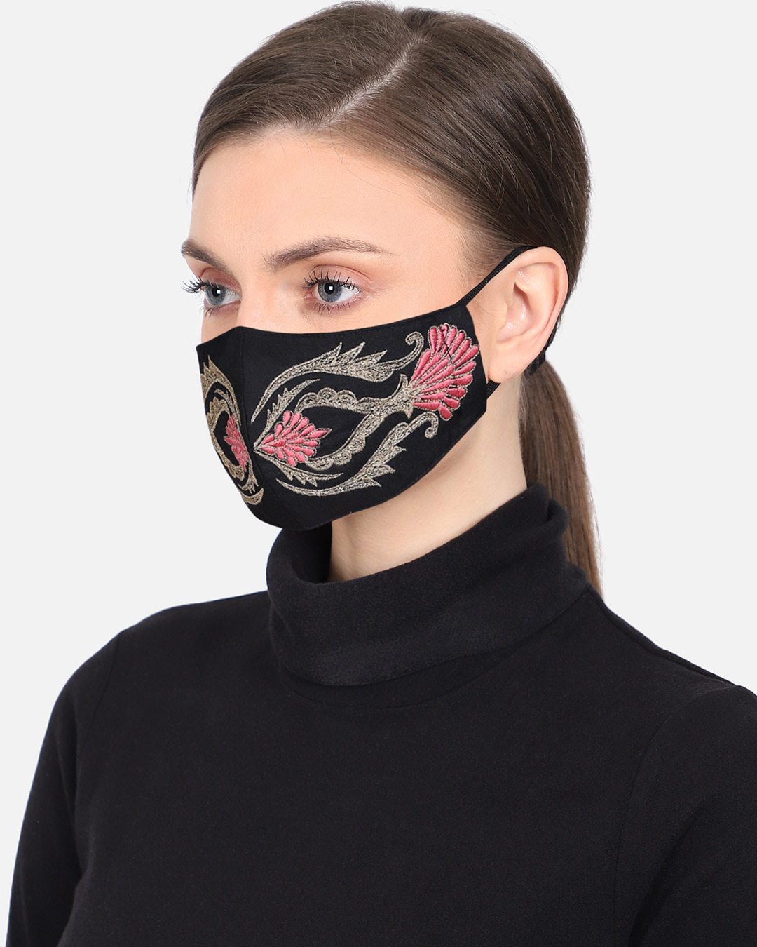 Shop 3 Ply Reusable Black & Pink Embroidered Cotton Fabric Fashion Mask-Back