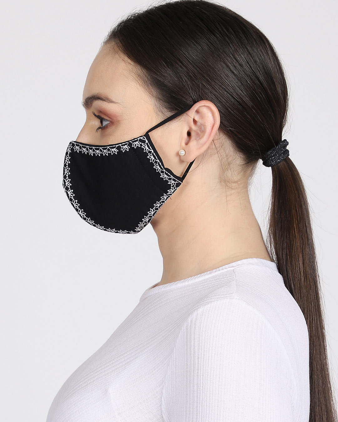 Shop 3 Ply Reusable Black & White Embroidered Cotton Fabric Fashion Mask-Back