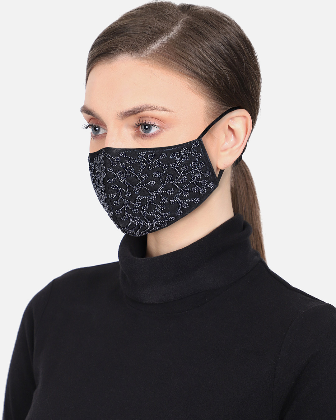 Shop 3 Ply Reusable Black Embellished Cotton Fabric Fashion Mask-Back