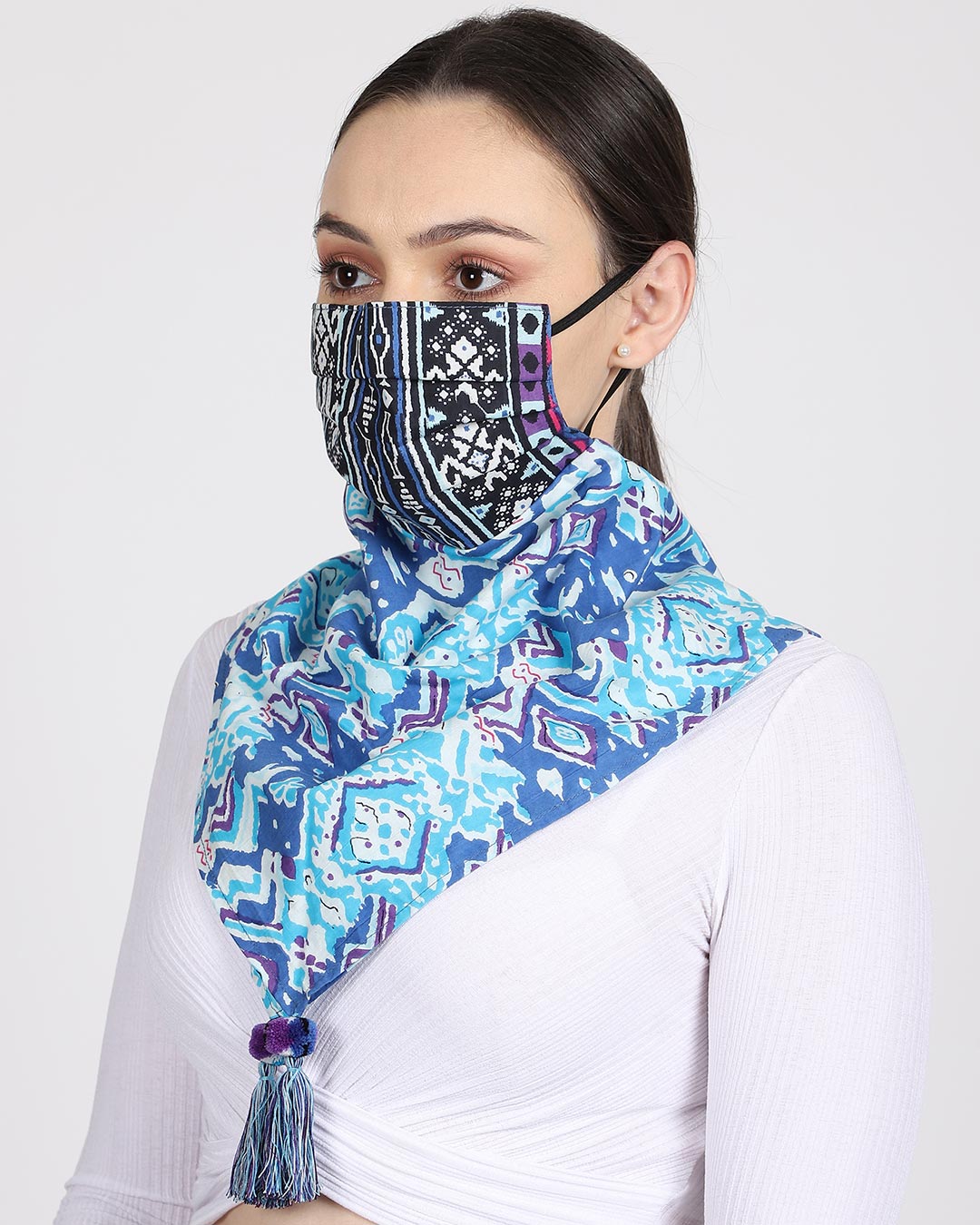 Shop 3 Ply Reusable Blue & Multi Abstract Printed Cotton Tasseled Scarf Style Fashion Mask-Back