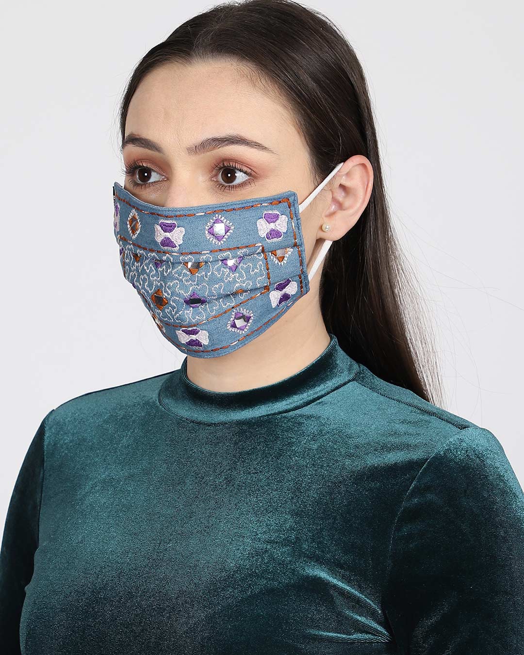 Shop 3 Ply Reusable Blue & Multi Embroidered Cotton Fabric Fashion Mask-Back