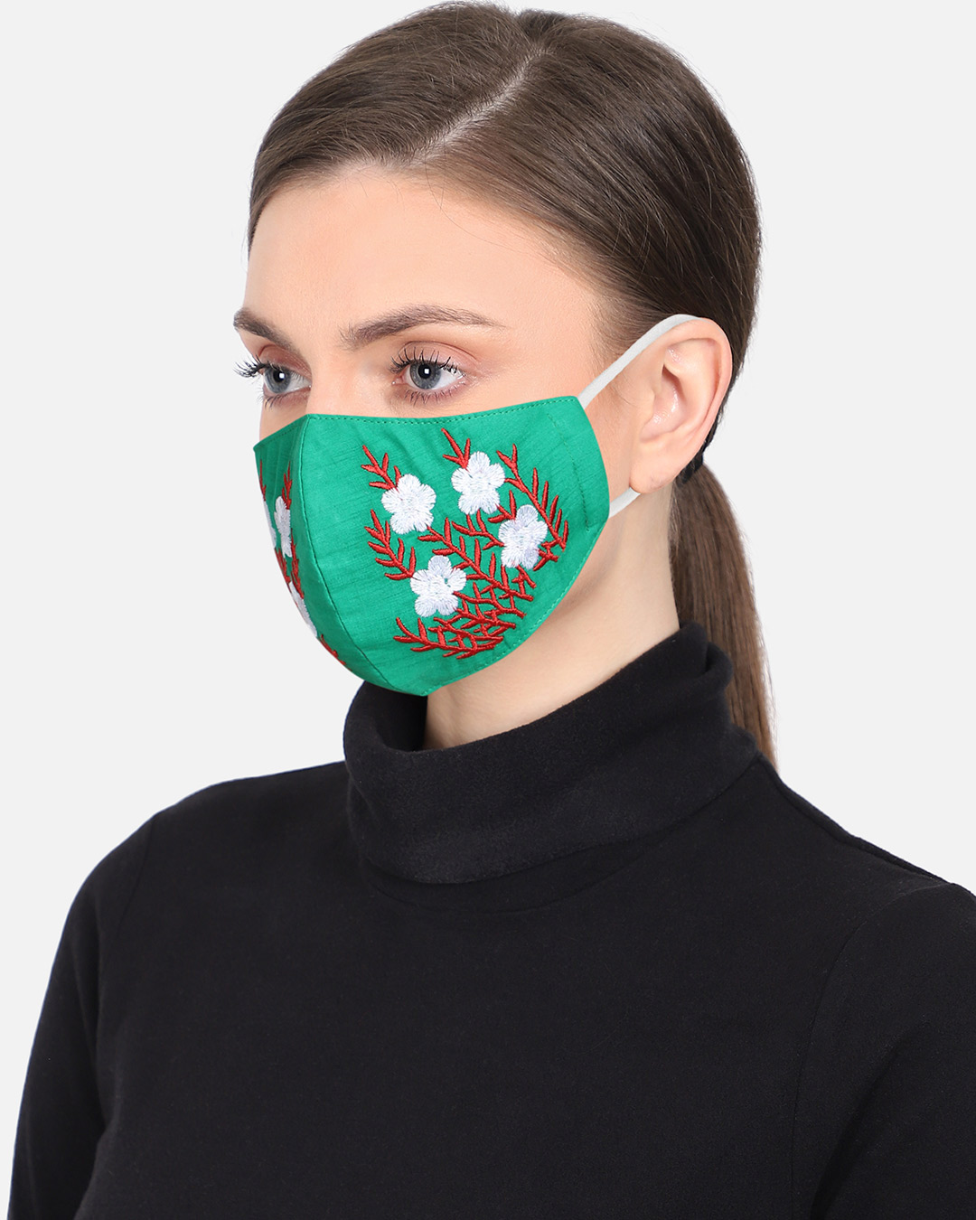 Shop 3 Ply Reusable Green & Multi Embroidered Cotton Fabric Fashion Mask-Back