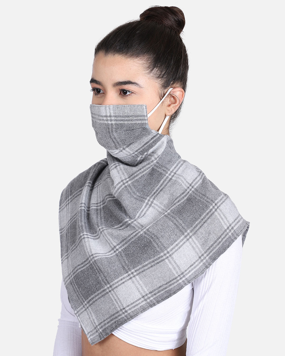 Shop 3 Ply Reusable Grey & White Checkered Acrowool Scarf Style Fashion Mask-Back