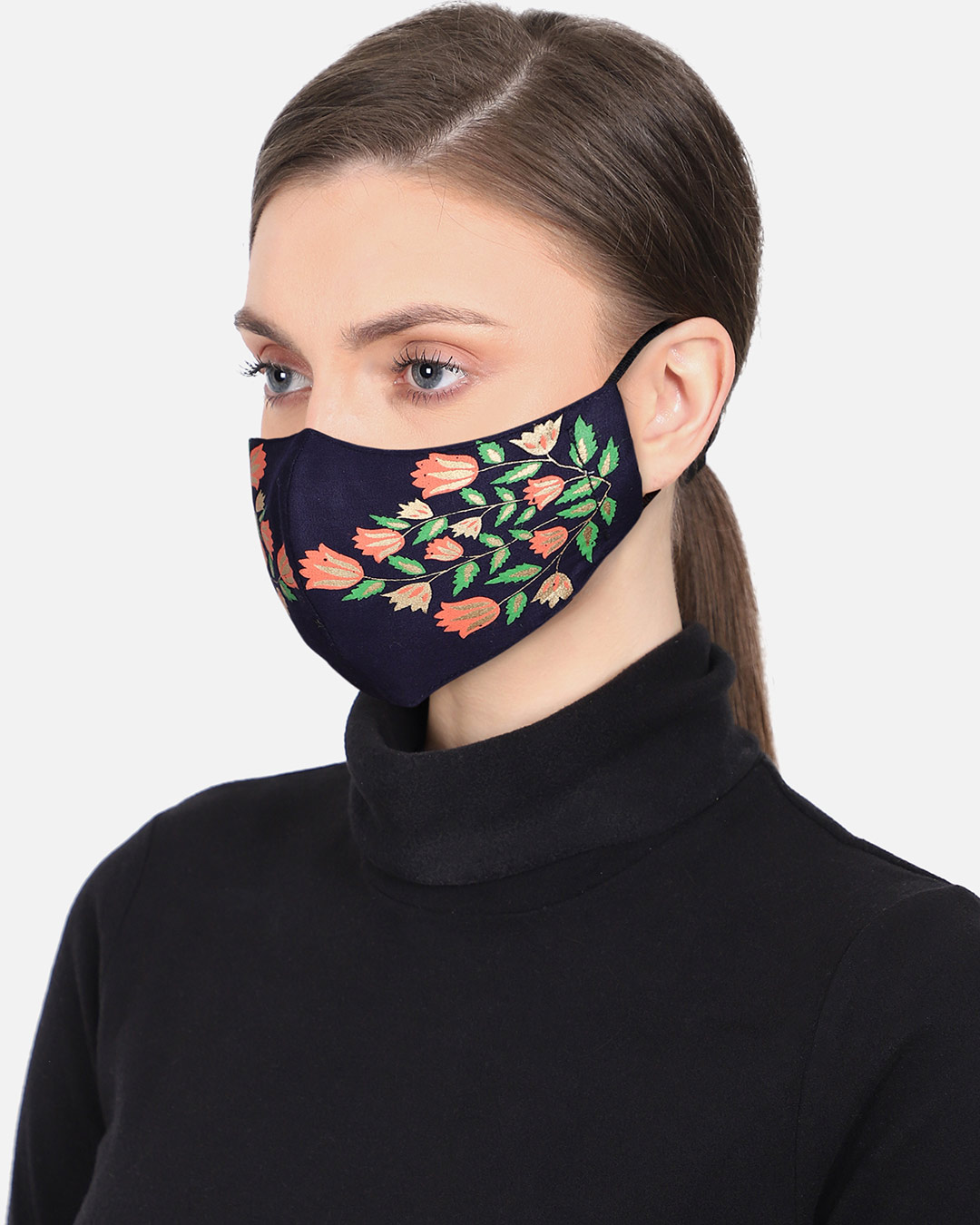 Shop 3 Ply Reusable Navy & Multi Floral Leaf Block Painted Poly Cotton Fabric Fashion Mask-Back