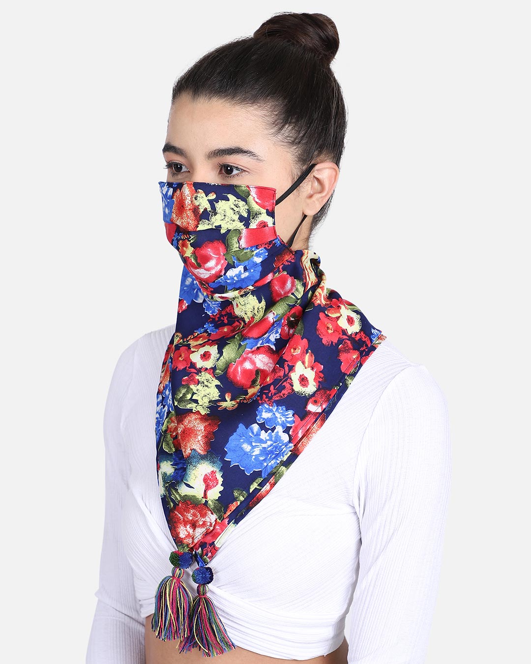 Shop 3 Ply Reusable Navy & Multi Floral Printed Poly Cotton Scarf Style Fashion Mask-Back
