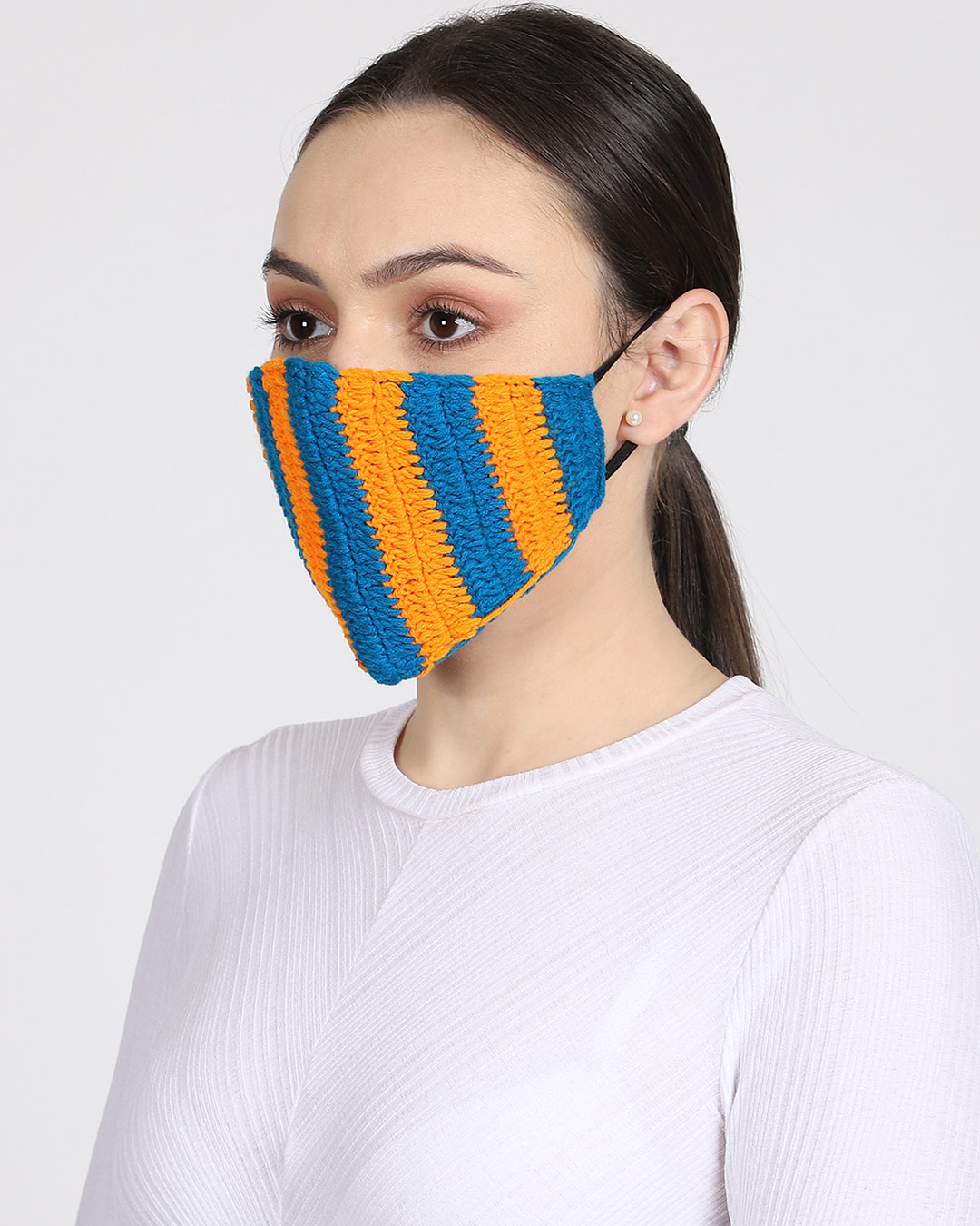 Shop 3 Ply Reusable Orange & Navy Crochet Handmade Acrowool Fabric Fashion Winter Mask-Back
