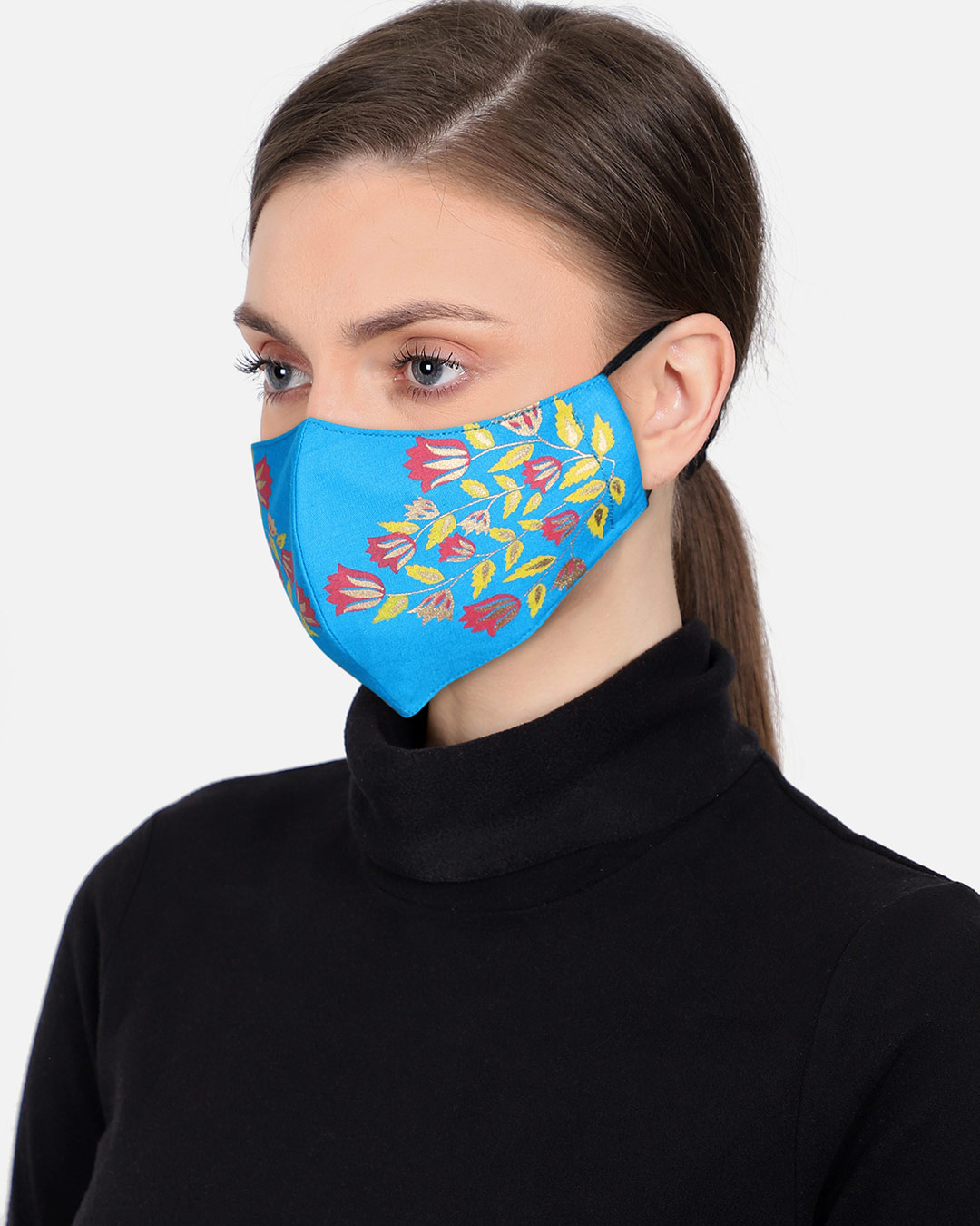 Shop 3 Ply Reusable Rayon Blue & Multi Floral Leaf Block Painted Poly Cotton Fabric Mask-Back