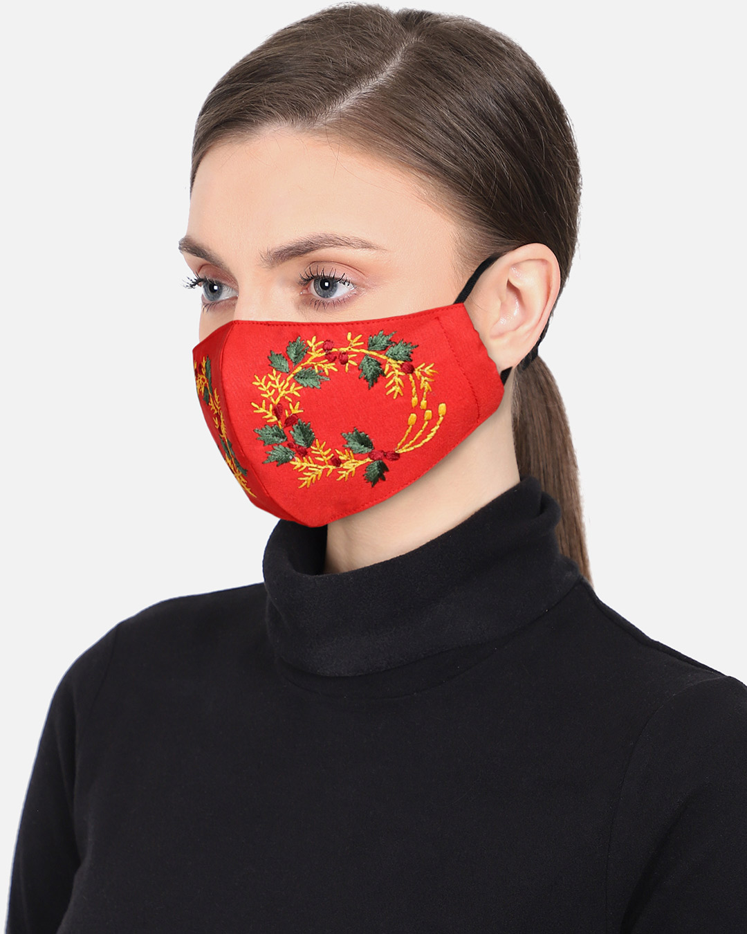 Shop 3 Ply Reusable Red & Multi Embroidered Cotton Fabric Fashion Mask-Back