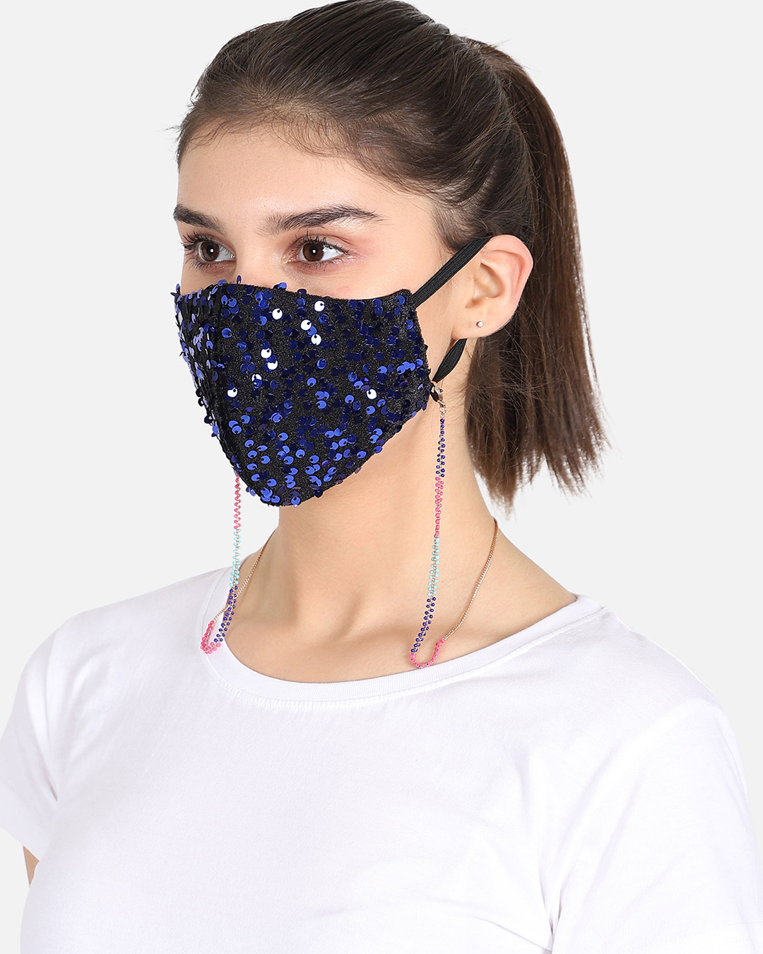 Shop 3 Ply Reusable Sculpted Sequin Fashion Mask With Lanyard Chain-Back