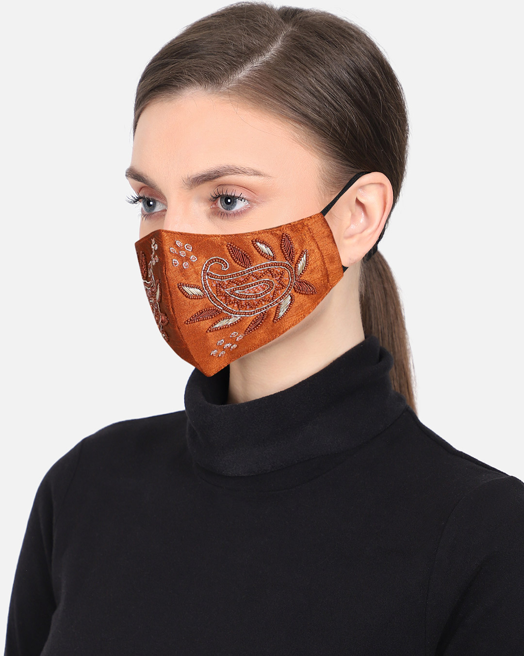 Shop 3 Ply Reusable Tan Paisley Embellished Art Silk Fabric Fashion Mask-Back