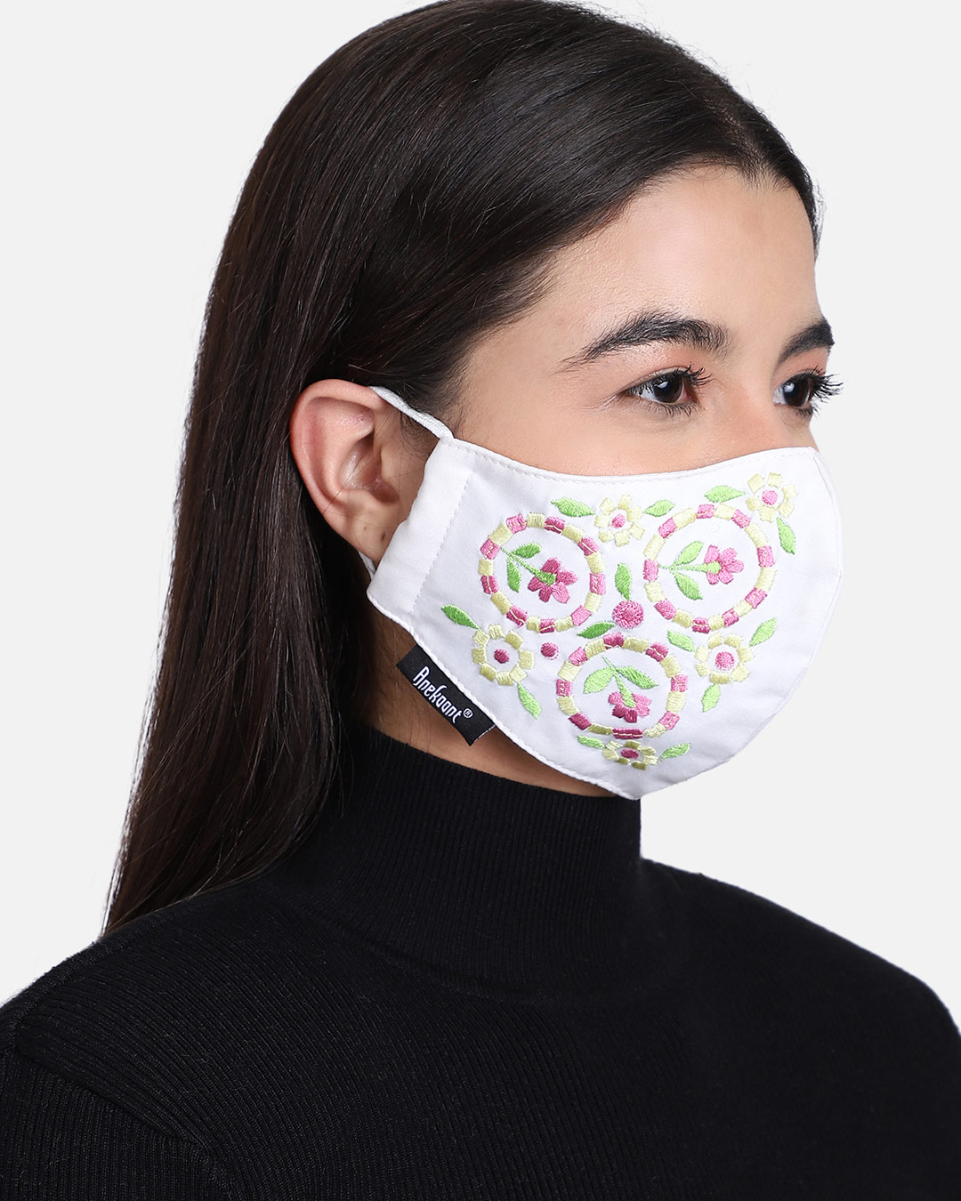 Shop 3 Ply Reusable White & Multi Embroidered Cotton Fabric Fashion Mask-Back