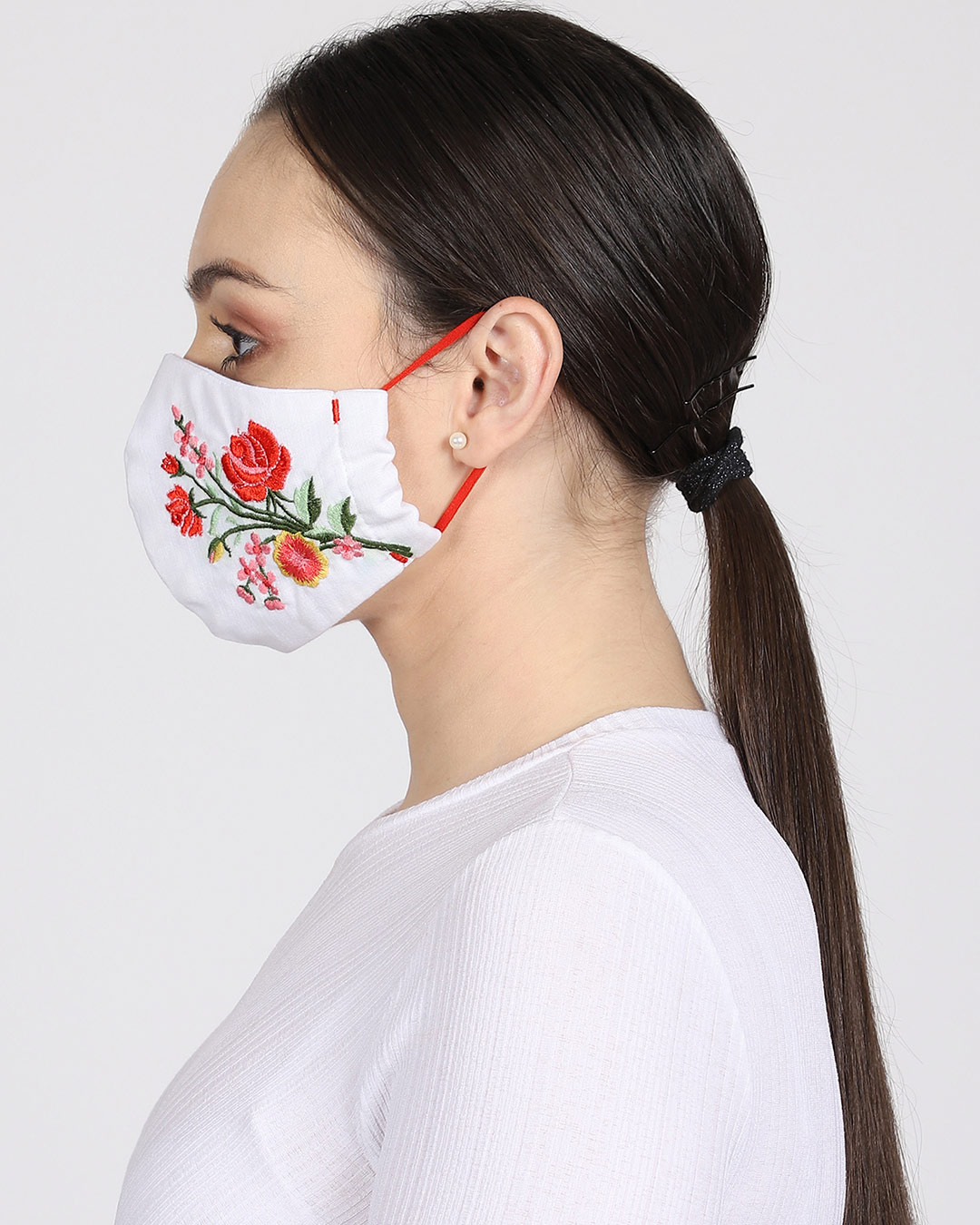 Shop 3 Ply Reusable White & Multi Floral Embroidered Cotton Fabric Fashion Mask-Back