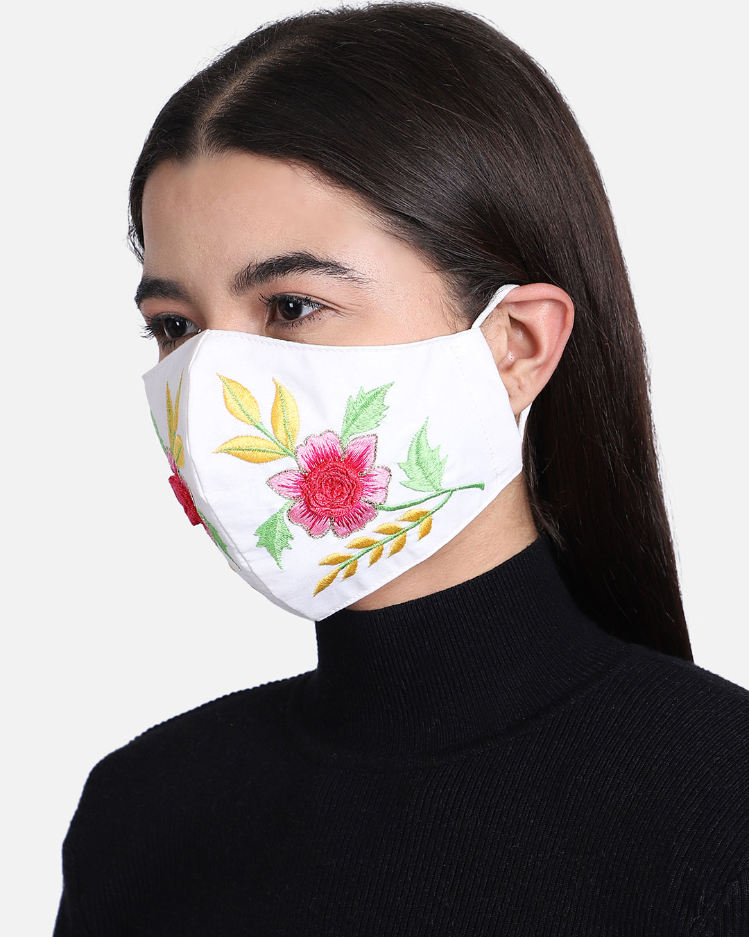 Shop 3 Ply Reusable White & Multi Floral Embroidered Cotton Fabric Fashion Mask-Back