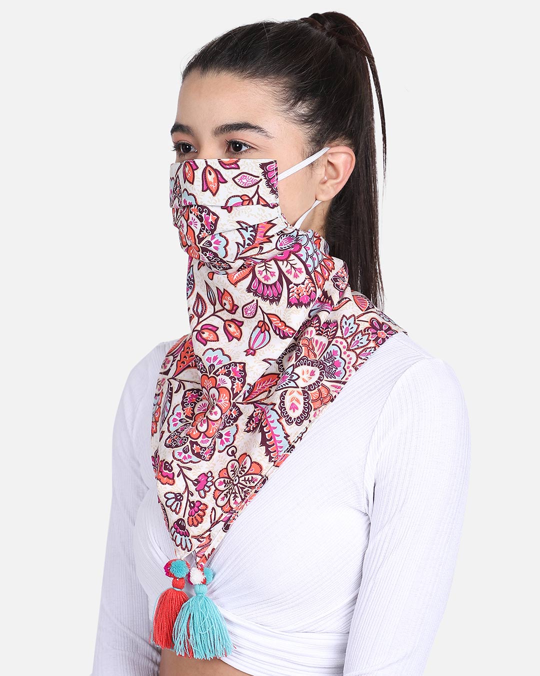 Shop 3 Ply Reusable White & Multi Floral Printed Poly Cotton Scarf Style Fashion Mask-Back
