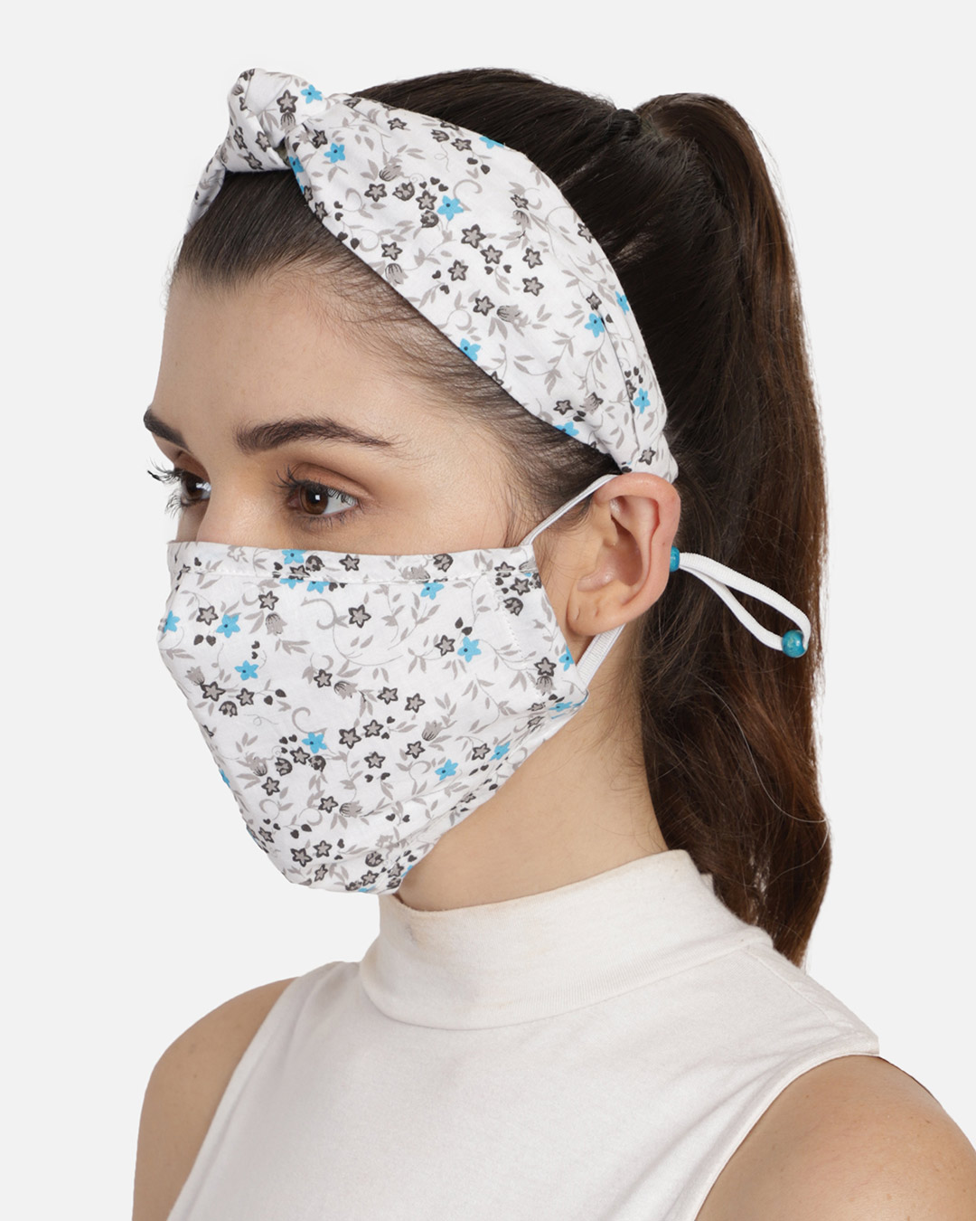 Shop 3 Ply White & Blue Floral Printed Cotton Fabric Fashion Hairband, Mask & Scrunchie Combo-Back