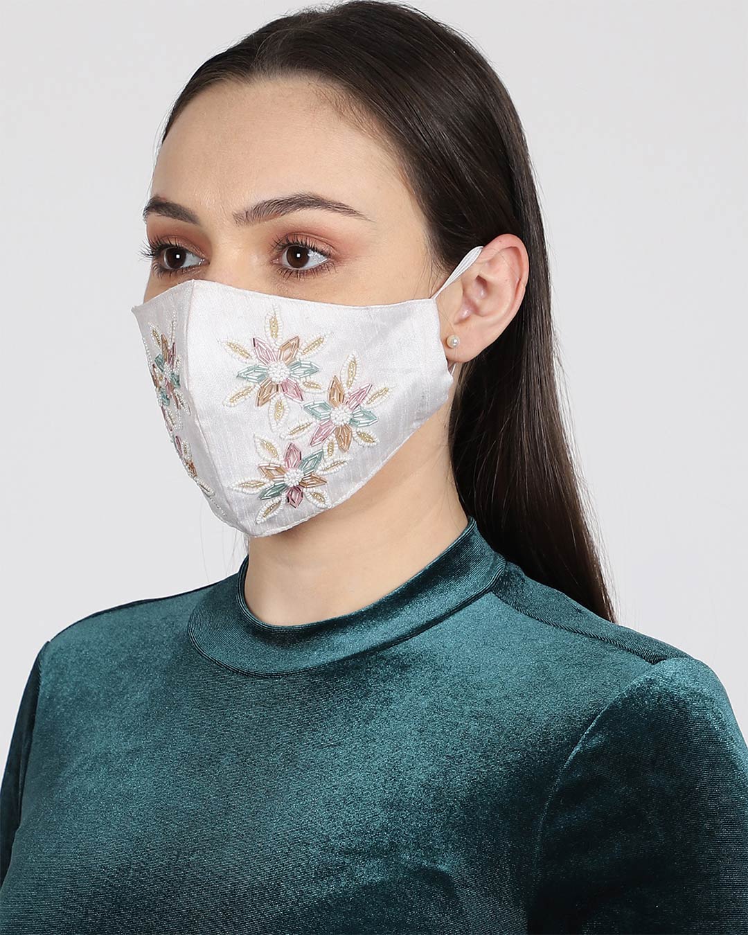 Shop 3 Ply White & Multi Faux Silk Floral Embellished Fabric Fashion Mask-Back