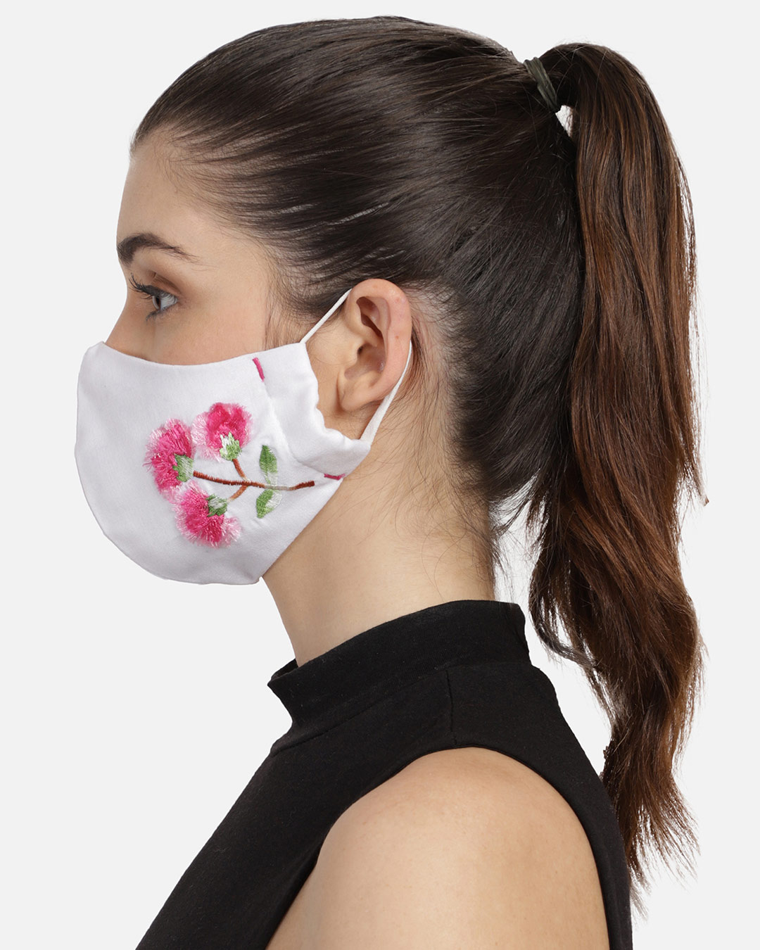 Shop 3 Ply White & Pink Cotton Floral Embroidered Fabric Fashion Mask-Back