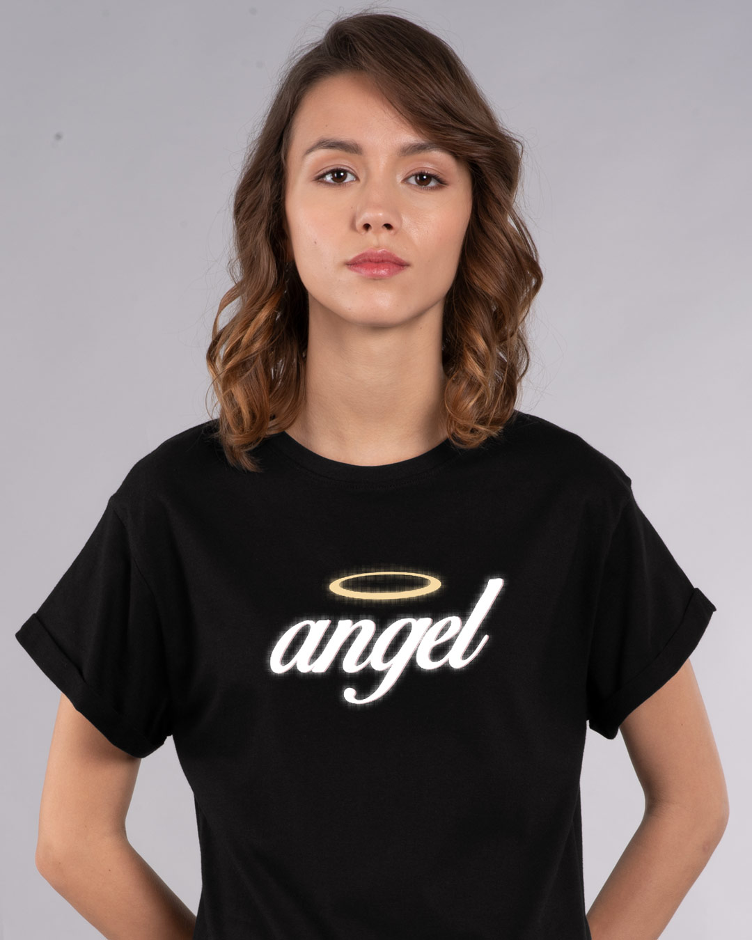 Buy Angel halo black Printed Half Sleeve Boyfriend TShirt For Women