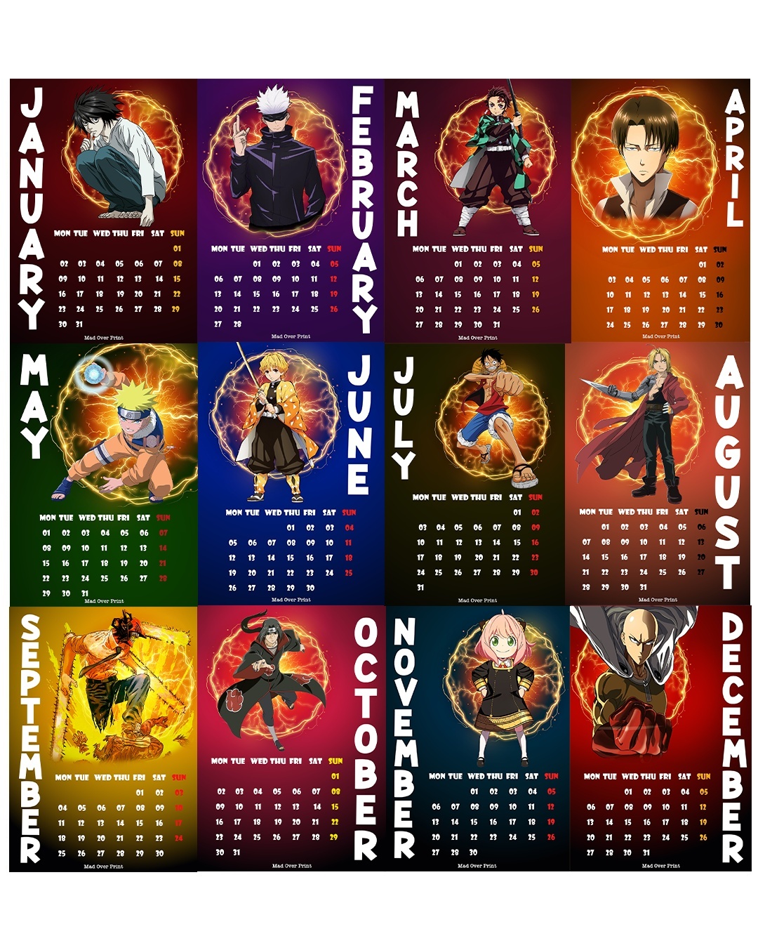Visaan Anime Theme Wall Hanging Calendar 2024, Awesome Anime Merchandise, anime  calendar, calendar,otaku, manga calendar, Dragon Ball Z, Naruto, death  note, one piece, Demon slayer