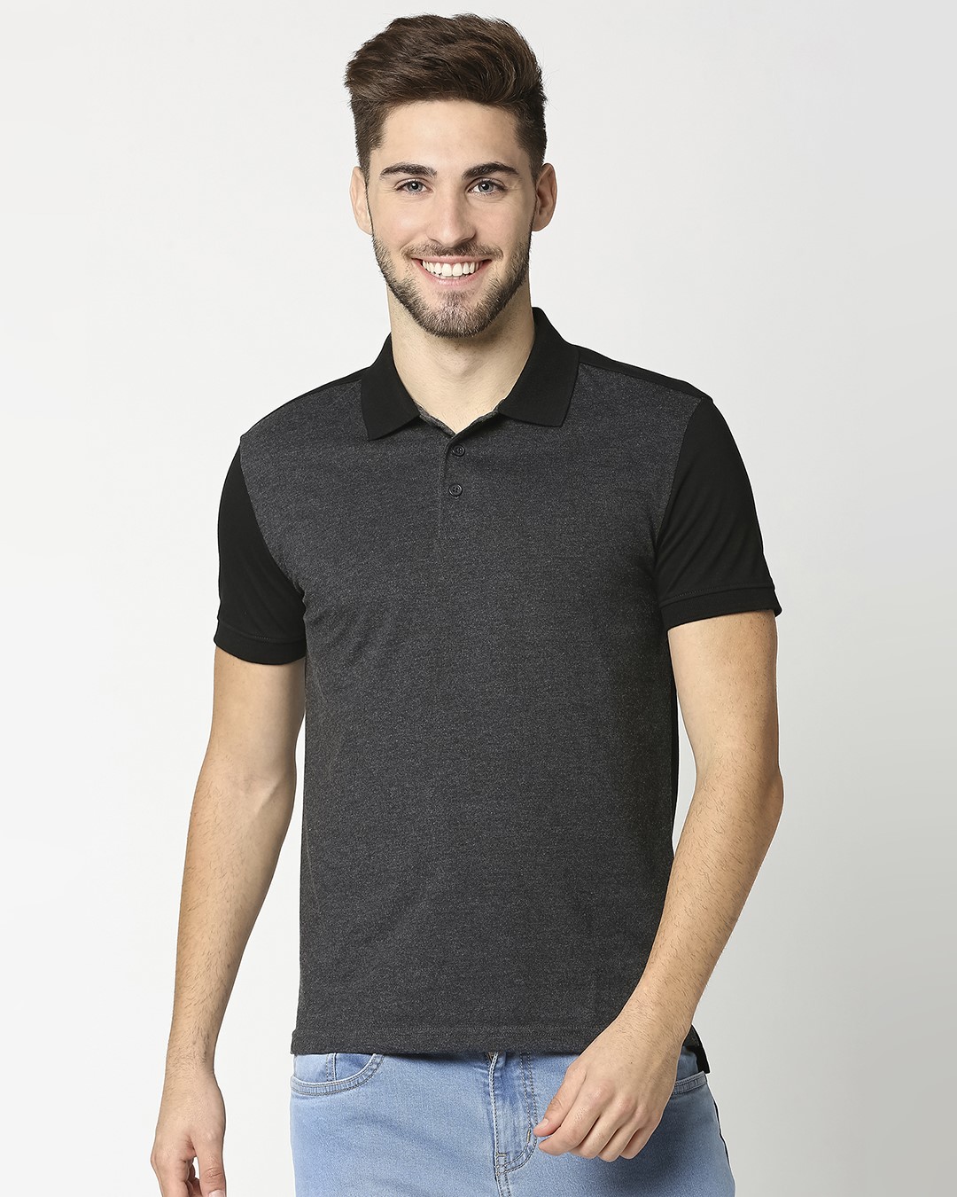 Shop Men's Anthra Melange & Black Color Block Polo T-shirt-Back