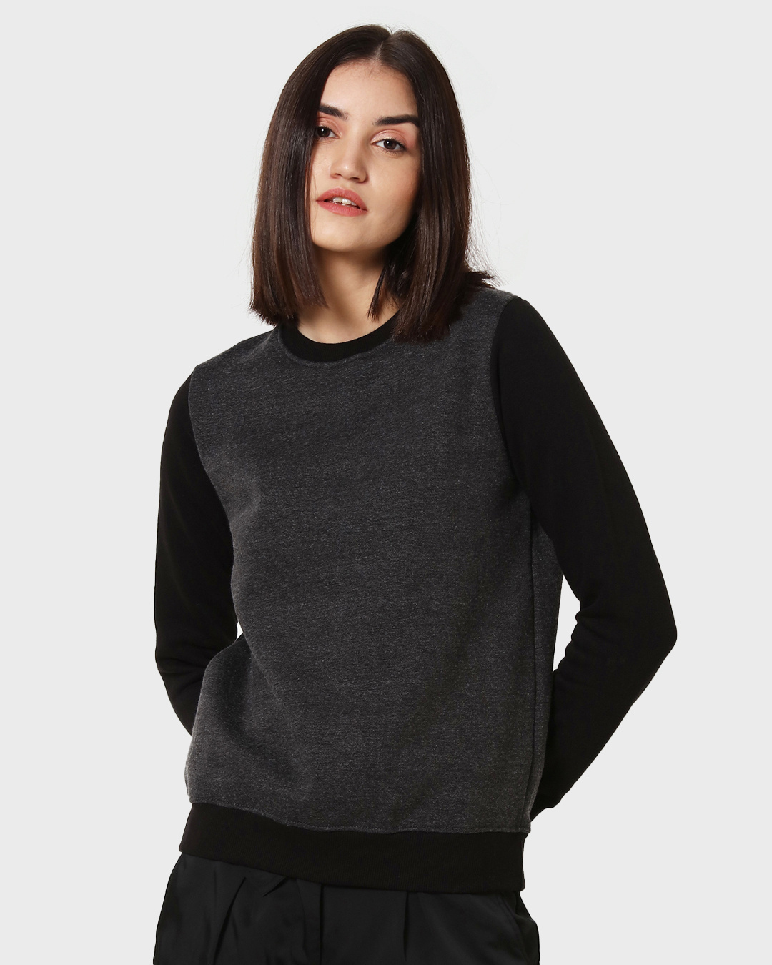 Shop Women's Anthra Melange Contrast Sleeve Sweater-Back