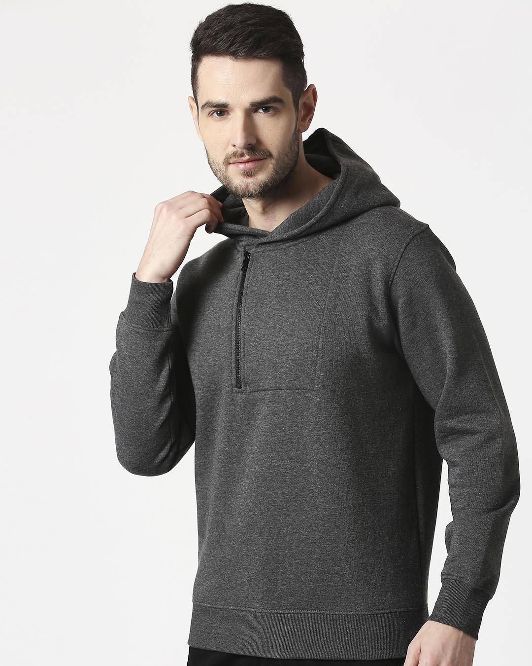 Download Anthra Melange Stylised Zip Panel Hoodie Sweatshirt