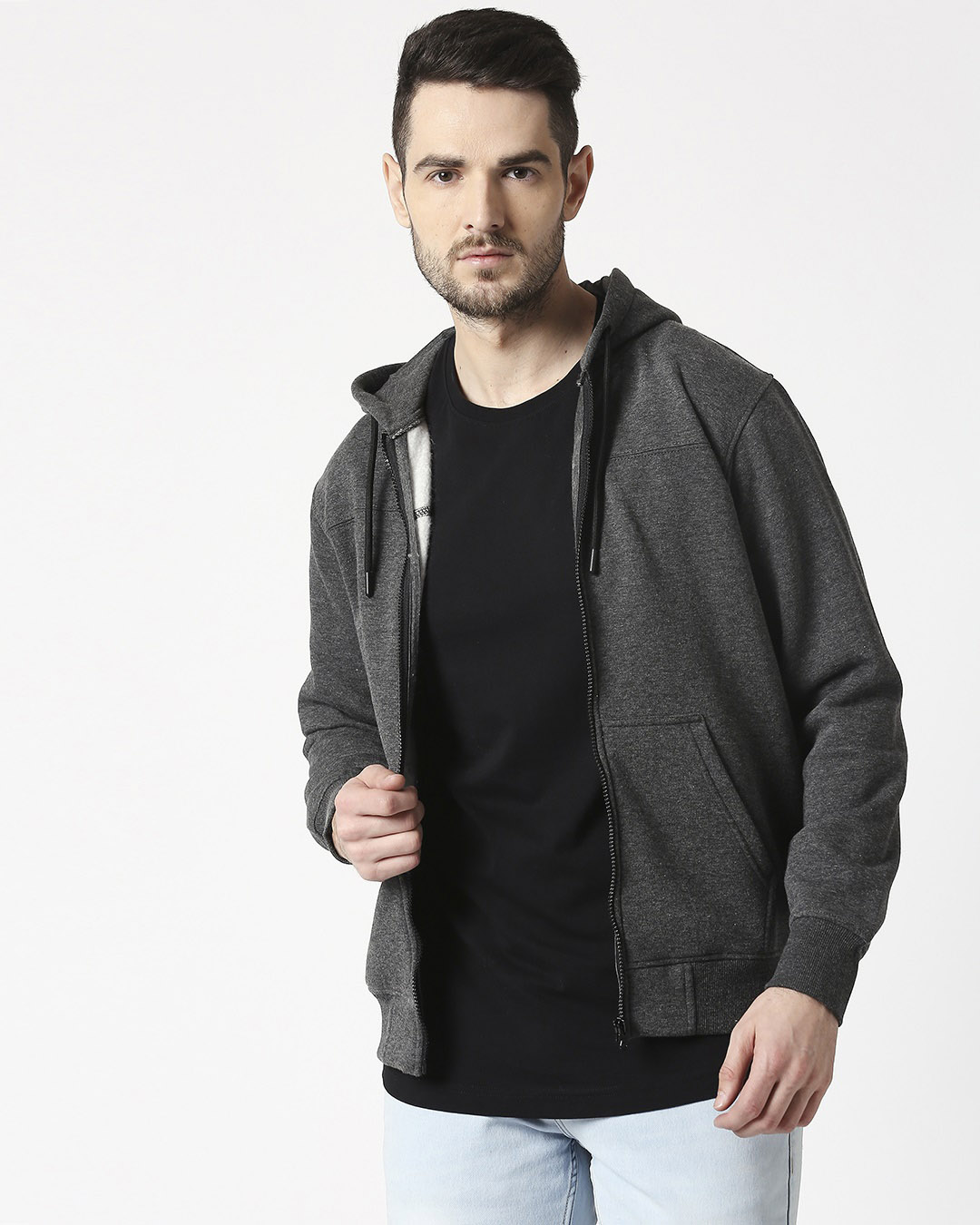 Shop Men's Grey Zipper Hoodie-Back