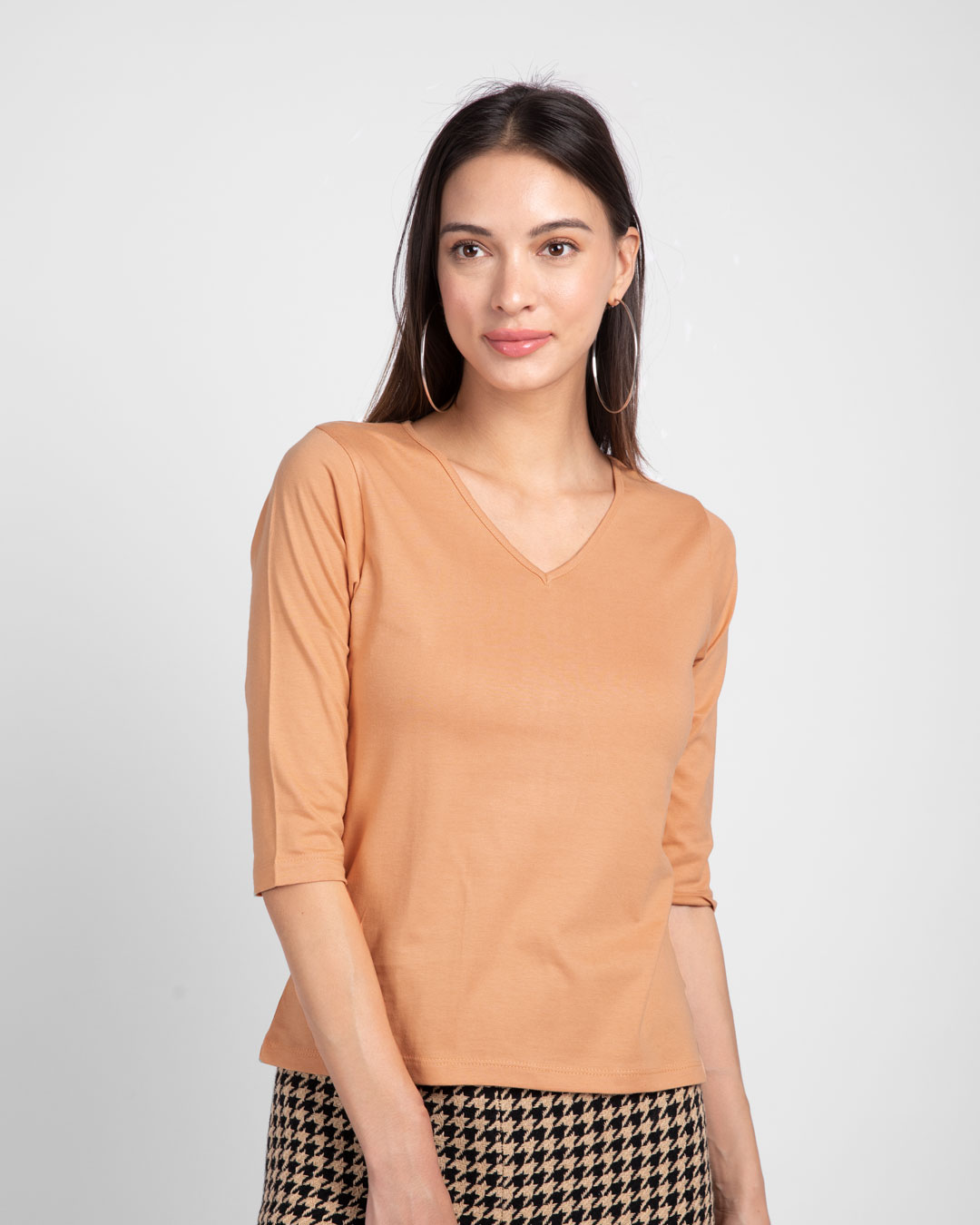 Buy Apricot Orange 3/4 V Neck TShirt Online at Bewakoof