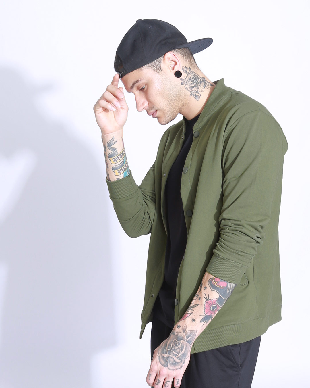 Shop Army Green Buttoned Bomber Jacket-Back