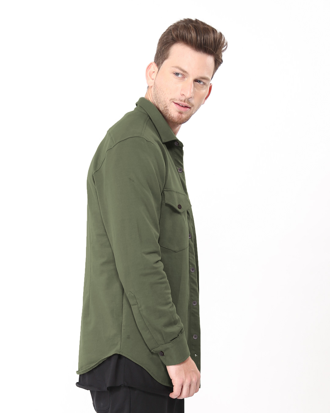 Shop Army Green Fleece Cargo Shirt-Back