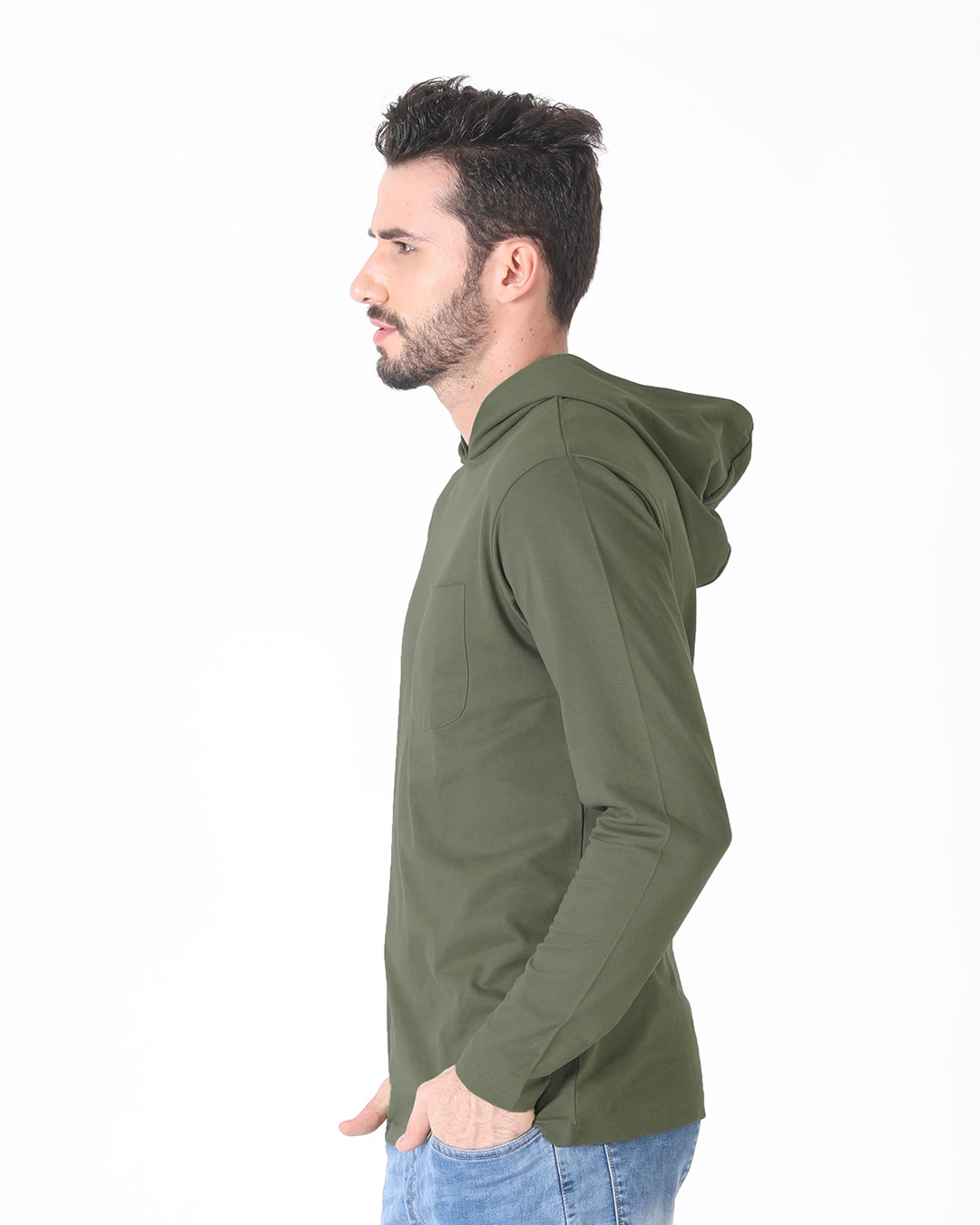 Shop Army Green Full Sleeve Pocket Hoodie T-Shirt-Back