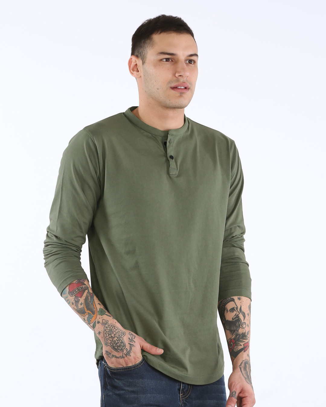 Buy Army Green Henley Full Sleeve T-Shirt for Men green Online at Bewakoof